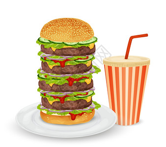 大汉堡盘子饮料纸罐与稻草隔离白色背景矢量插图图片