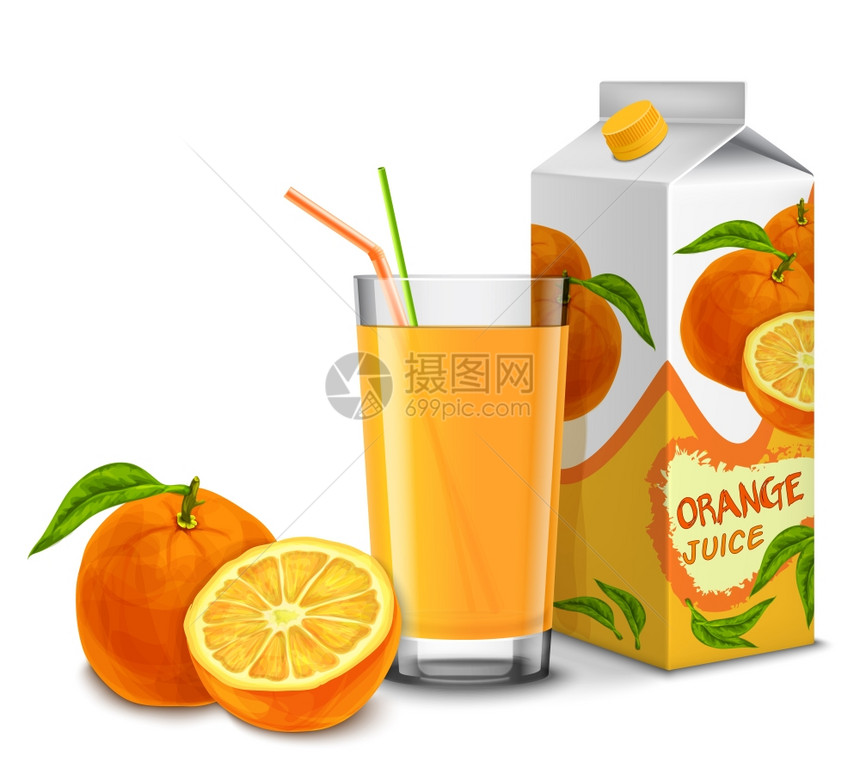 现实橙汁璃与鸡尾酒吸管纸包分离白色背景矢量插图图片