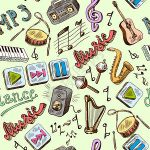 音乐MP3涂鸦无缝图案与钢琴演奏暂停颜色图标矢量插图图片