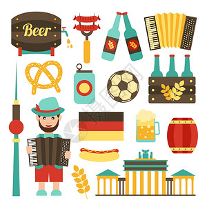 椒盐里脊德国旅游景点食品啤酒图标矢量插图插画