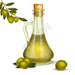 橄榄油沙拉机天然食品橄榄油璃瓶与树枝海报矢量插图插画