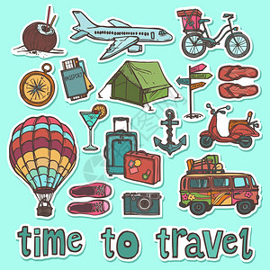旅游假期素描贴纸套护照自行车拖鞋孤立矢量插图图片