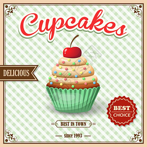 甜食,甜点,美味的纸杯蛋糕,咖啡馆复古海报上的方形背景矢量插图背景图片