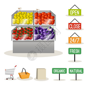 超市水果蔬菜套装购物标志孤立矢量插图图片