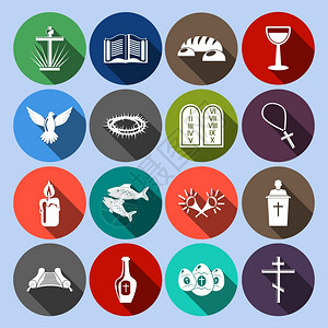 基督教传统宗教符号平图标与交叉经杯孤立矢量插图背景图片