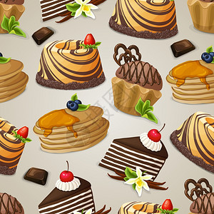 装饰糖果甜点食品无缝图案与巧克力松饼布丁煎饼矢量插图图片
