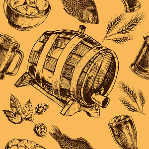 苦涩传统的老式自来水啤酒吧菜单无缝图案与小吃,啤酒花,大麦橡木桶矢量插图插画