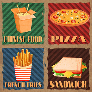 快餐卡套中餐炸薯条比萨饼三明治孤立矢量插图图片