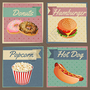 快餐卡套甜甜圈,汉堡包,爆米花,热狗,矢量插图图片