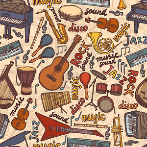 音乐涂鸦乐器素描彩色无缝图案矢量插图插画