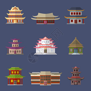 中国古代寺庙东方建筑图标矢量插图图片