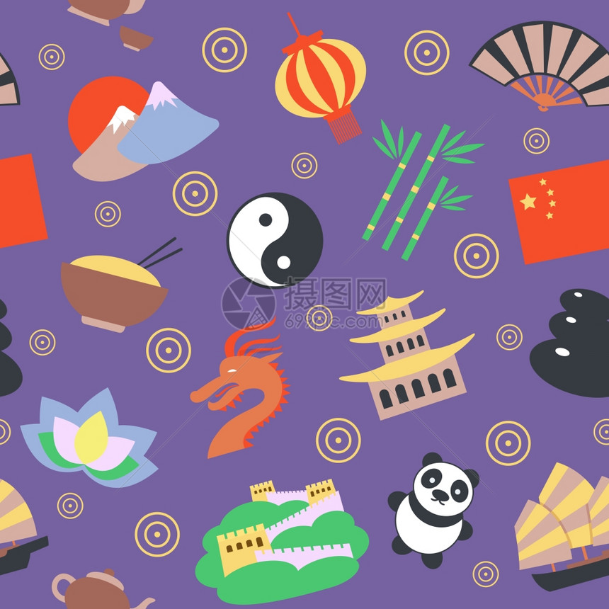 中国旅游传统文化符号无缝图案矢量插图图片