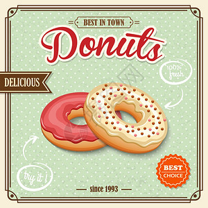 四川面美宣传单美味的糖糕点美味的甜甜圈甜点咖啡馆复古海报矢量插图插画