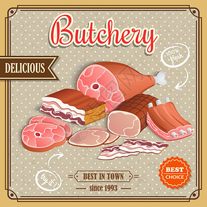 新鲜猪肉宣传单肉类标签最好选择复古屠宰海报矢量插图插画
