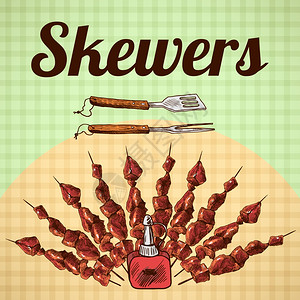 美味牛排海报肉串烧烤工具的平方背景草图海报矢量插图插画