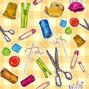 缝纫服装制作针线配件草图无缝图案矢量插图图片