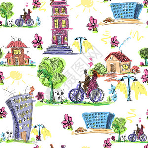涂鸦城市草图无缝图案与建筑物自行车矢量插图图片