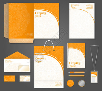 文具装饰橙色装饰商业公司文具模板,用于企业身份集孤立矢量插图插画