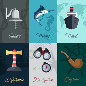 航海旅行迷你海报水手钓鱼旅行集孤立矢量插图图片