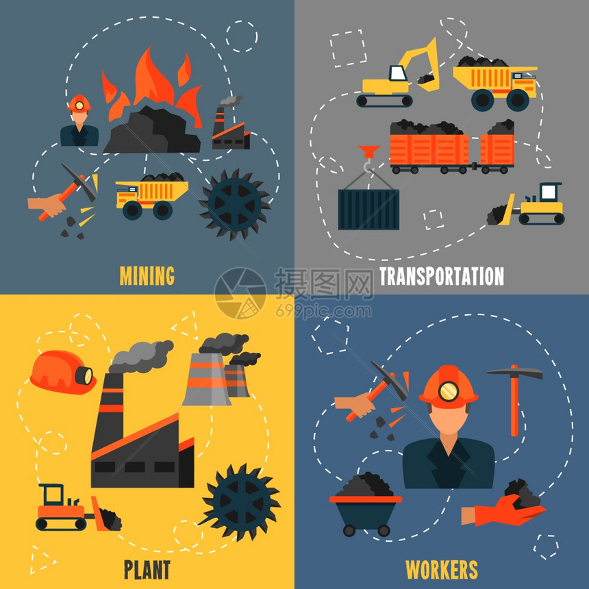 煤炭工业采矿运输厂工人平图标孤立矢量插图图片