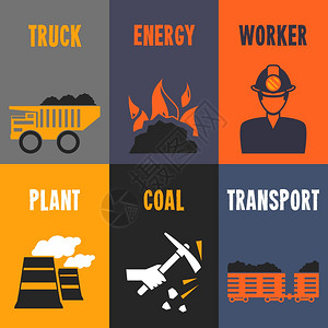 煤炭工业卡车能源工人迷你海报隔离矢量插图图片