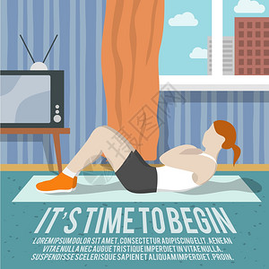 腹肌训练妇女家运动健身生活方式时间开始海报矢量插图图片