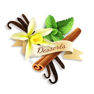 香料美味的甜点口味丝带章与香草薄荷肉桂矢量插图背景图片