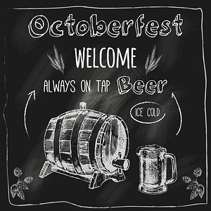 十月冰冷新鲜橡木桶风味啤酒与免费小吃广告黑板海报素描矢量插图图片