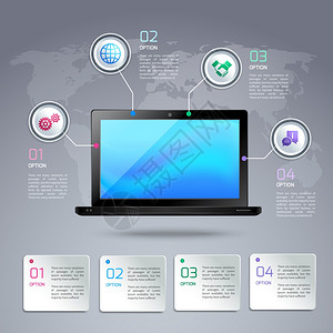 笔记本电脑3D信息图表模板与业务元素世界的背景矢量插图图片