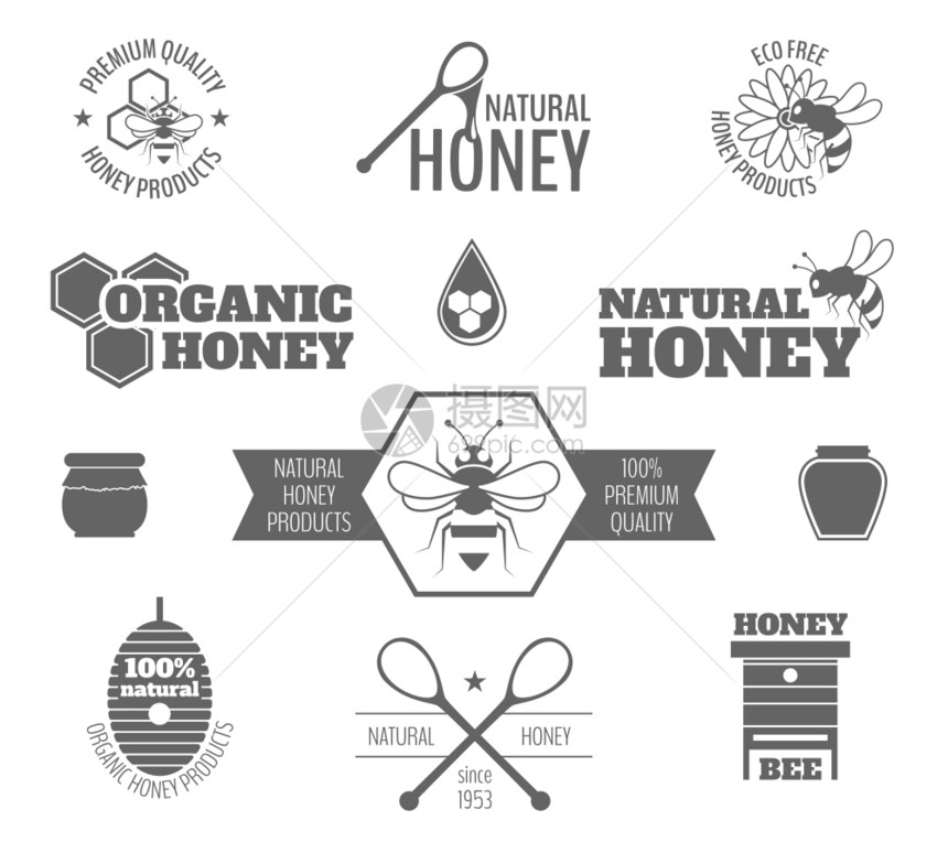 蜜蜂优质产品黑色标签集隔离矢量插图图片