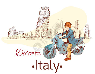 发现意大利素描海报与旅游地标人摩托车矢量插图图片