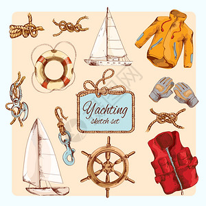 游艇海上旅行装饰草图图标与方向盘绳结手套隔离矢量插图图片