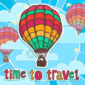 旅行海报与彩色飞行热气球矢量插图图片