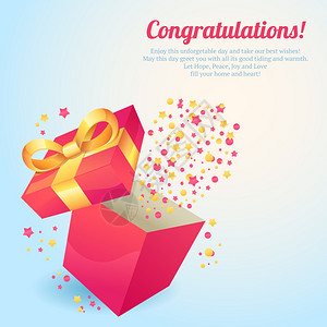 包装礼品盒粉红色礼品盒与黄色丝带祝贺明信片矢量插图插画