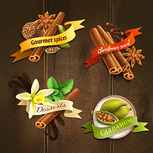 甜点,美食,香料,豆蔻,诞香味,丝带章,木制背景矢量插图上背景图片