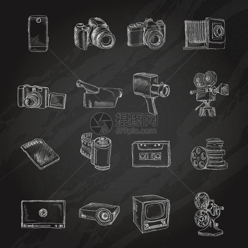 照片摄像机多媒体娱乐活动技术黑板图标孤立矢量插图图片