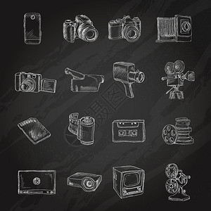 多媒体黑板照片摄像机多媒体娱乐活动技术黑板图标孤立矢量插图插画