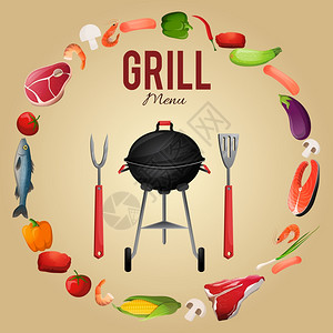 烧烤烧烤菜单海报与食物烤肉串鱼蔬菜叉子矢量插图图片