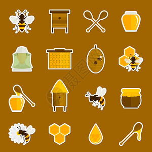 蜜蜂蜂蜜图标贴纸勺子罐子大黄蜂孤立矢量插图背景图片