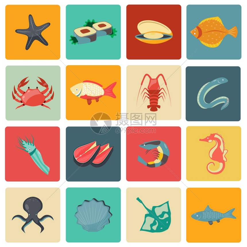 海鲜图标平与海马鳗鱼黄貂鱼寿司孤立插图图片