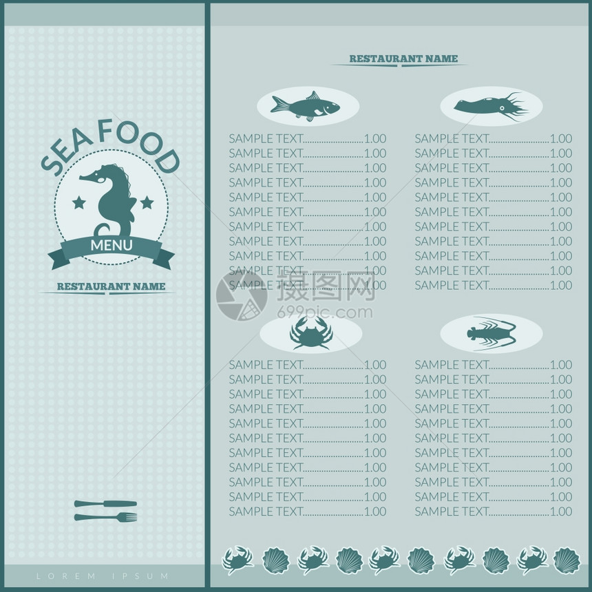 海鲜餐厅菜单列表模板与海马海鲜图标矢量插图图片