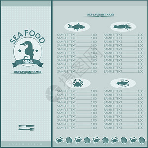 海鲜餐厅菜单列表模板与海马海鲜图标矢量插图图片