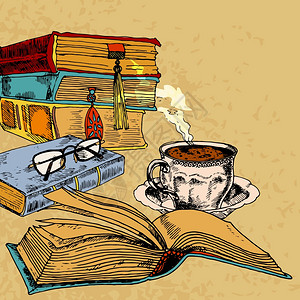 咖啡历史素材复古书与咖啡色素描装饰矢量插图插画