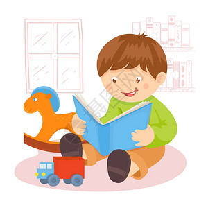 男孩室内阅读书籍,背景海报矢量插图上玩具书架图片