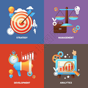 SEO平图标与战略管理发展分析孤立矢量插图市场营销高清图片素材