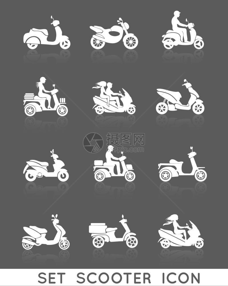 白色滑板车摩托车车辆与人的轮廓图标矢量插图图片