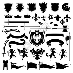 纹章中世纪古董黑色装饰图标与皇冠盾牌阿拉伯式孤立矢量插图背景图片