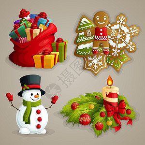诞节装饰装饰图标礼品饼干,雪人蜡烛孤立矢量插图图片
