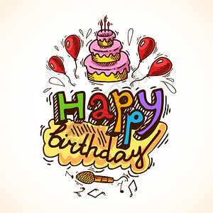 生日快乐素描问候卡与标题蛋糕气球麦克风矢量插图图片