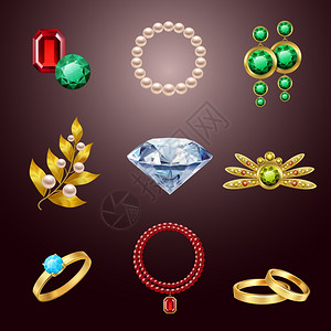 珠宝写实图标钻石黄金时尚昂贵配件孤立矢量插图插画